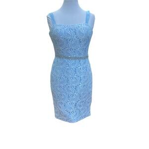 SOCIAL OCCASIONS by Mon Cheri Light Blue Floral Lace Dress
